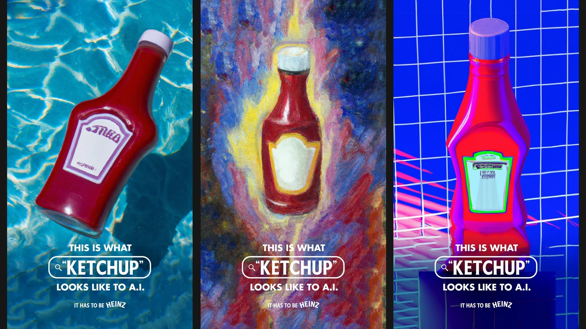 Drei Motive der Kampagne AI Ketchup zeigen unterschiedlich gestaltete Ketchup-Flaschen.