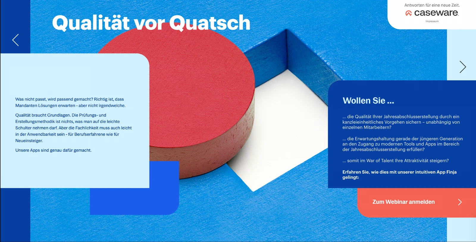 Caseware-Kampagnenmotiv mit Headline Qualität vor Quatsch und grafischen Bausteinen