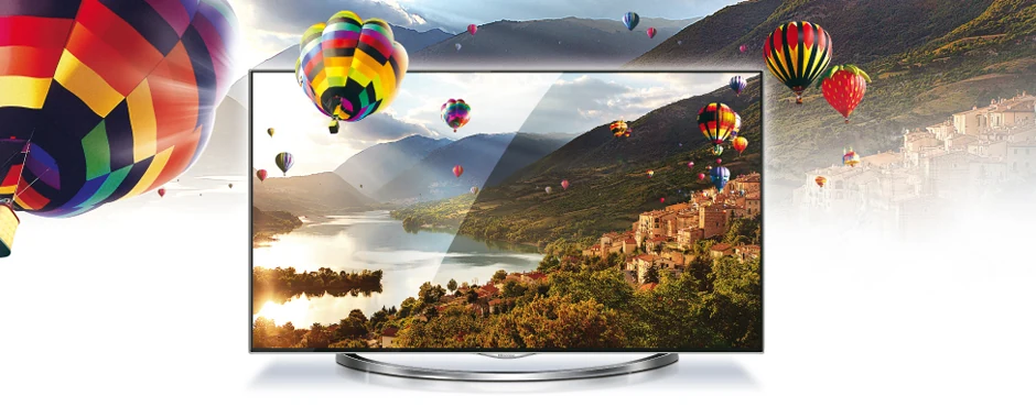 Originales Hisense-Website-Motiv mit Fernseher und Heißluftballons